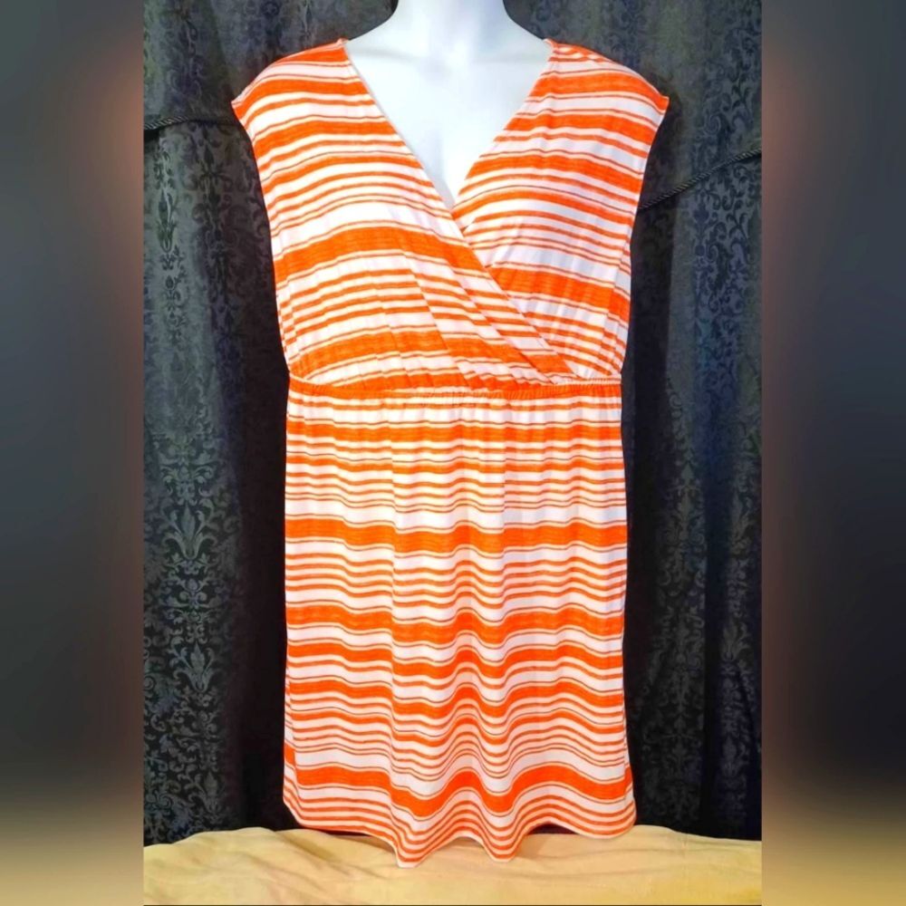 NEW Sonoma Dress Womens 1X Plus Size Orange & White Striped Sleeveless Vneck